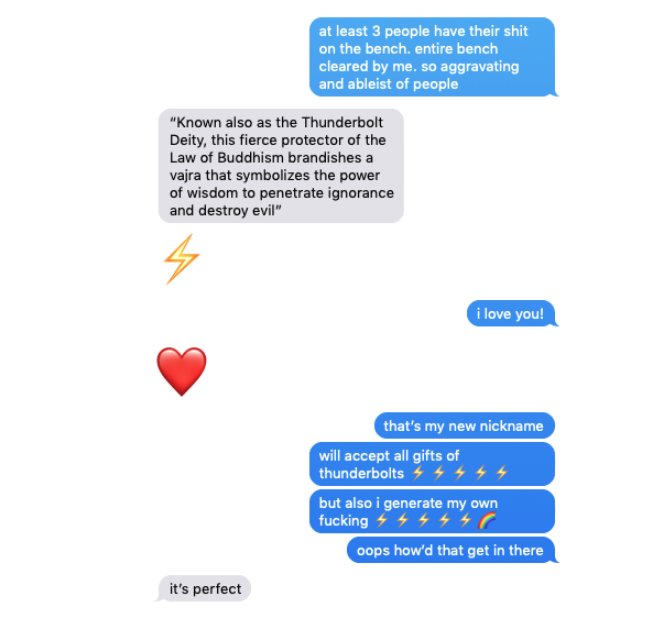 a text exchange between Jenni and her husband, Joe, discussing fierce warrior energy